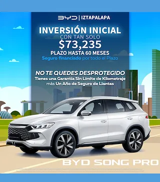 BYD SONG PRO: Inversión inicial $73,235